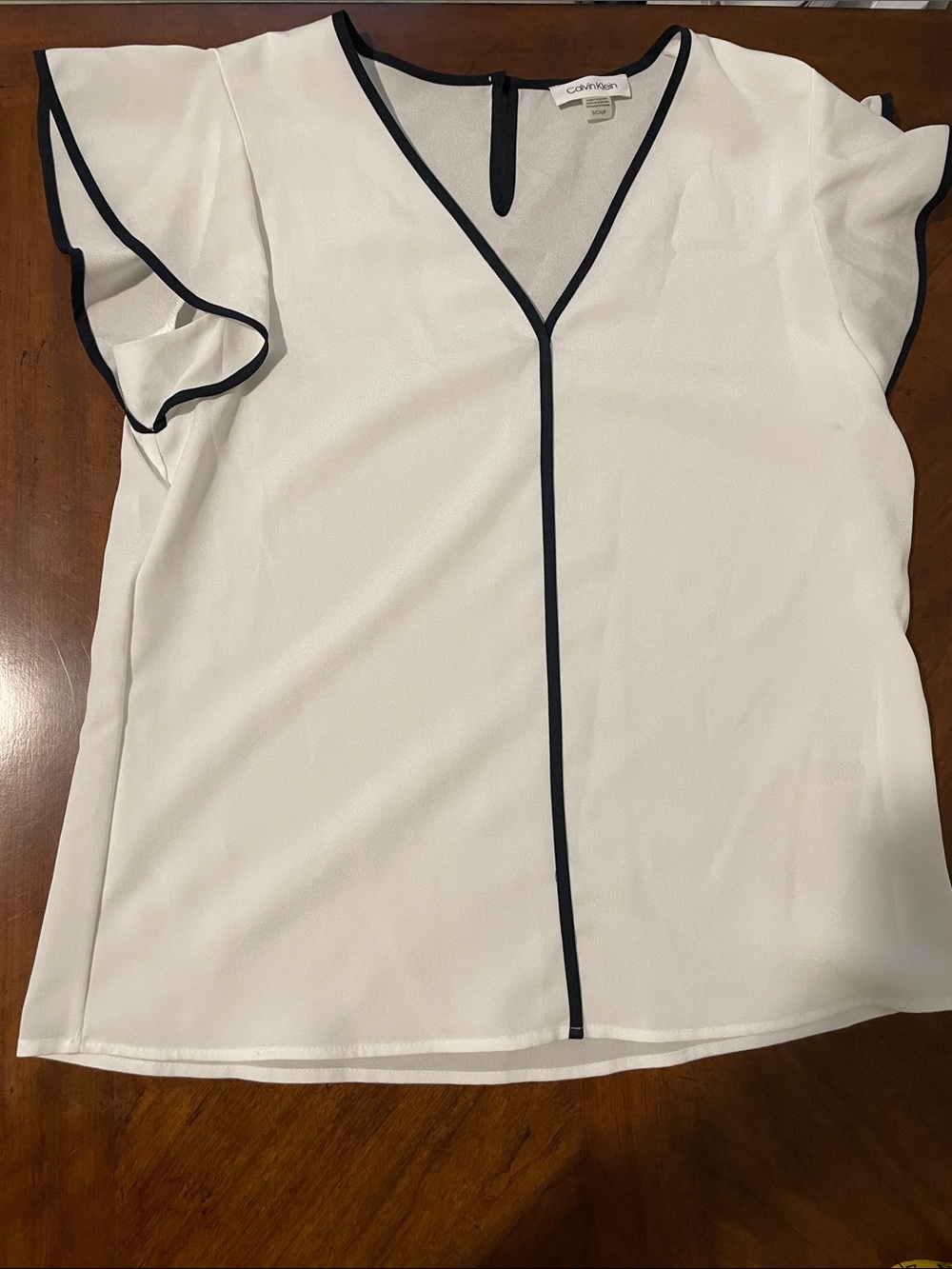 Calvin Klein White V-Neck Blouse with Black Piping